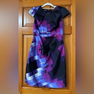 Bebe Silk Sheath Dress in Purple and Blue Abstract Print